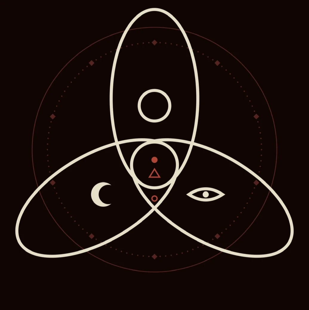 Sigil of the order: three interlocking ellipses holding an empty circle, a crescent moon and an eye, around a circle containing a dot, triangle and small circle, within a dotted ring